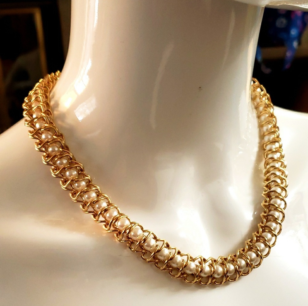 Vintg. Goldtone Caged faux Pearl Necklace/Bracelet